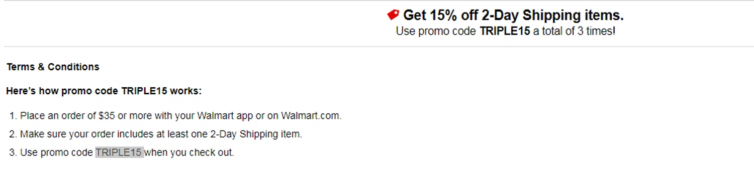 Walmart Plus promo code screenshot showing code TRIPLE15 applied at Walmart Plus checkout page. Uploaded by SimplyCodes community member RonaldAcunaJr on Jan 25, 2026