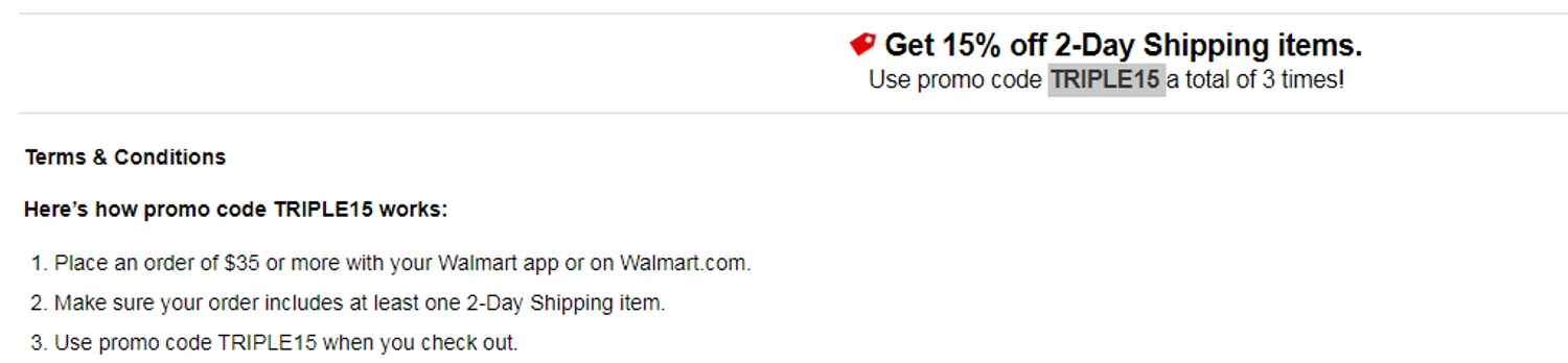 Walmart Plus promo code screenshot showing code TRIPLE15 applied at Walmart Plus checkout page. Uploaded by SimplyCodes community member RonaldAcunaJr on Jan 20, 2026