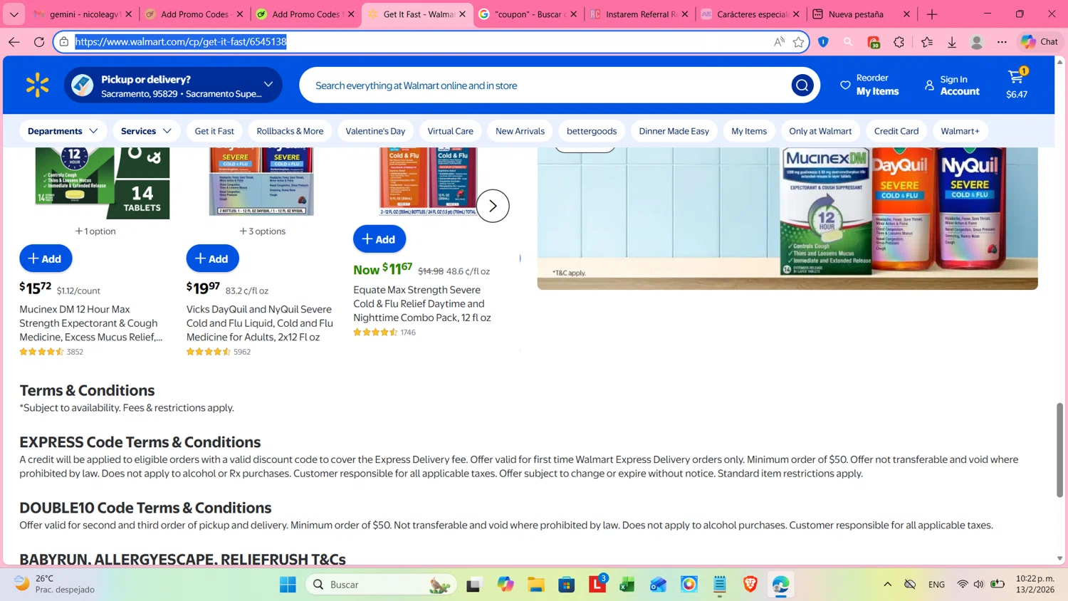 Walmart Plus promo code screenshot showing code EXPRESS applied at Walmart Plus checkout page. Uploaded by SimplyCodes community member cosita on Feb 14, 2026