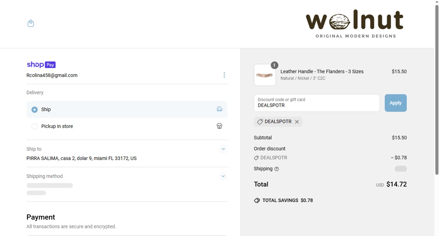 Walnut Studiolo promo code screenshot showing code DEALSPOTR applied at Walnut Studiolo checkout page. Uploaded by SimplyCodes community member Fish3r on Jun 11, 2025