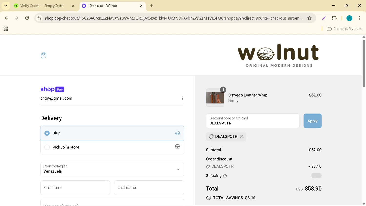 Walnut Studiolo promo code screenshot showing code DEALSPOTR applied at Walnut Studiolo checkout page. Uploaded by SimplyCodes community member JESUSCOLMAN on Jul 14, 2025