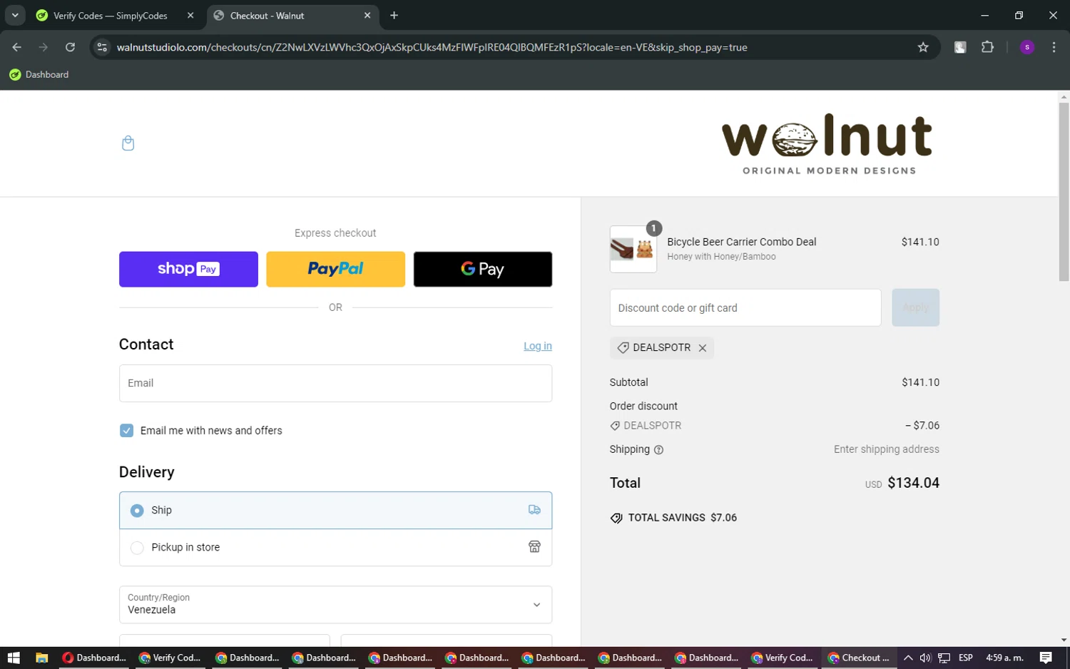Walnut Studiolo promo code screenshot showing code DEALSPOTR applied at Walnut Studiolo checkout page. Uploaded by SimplyCodes community member FrugalLegend5728 on Jan 24, 2025