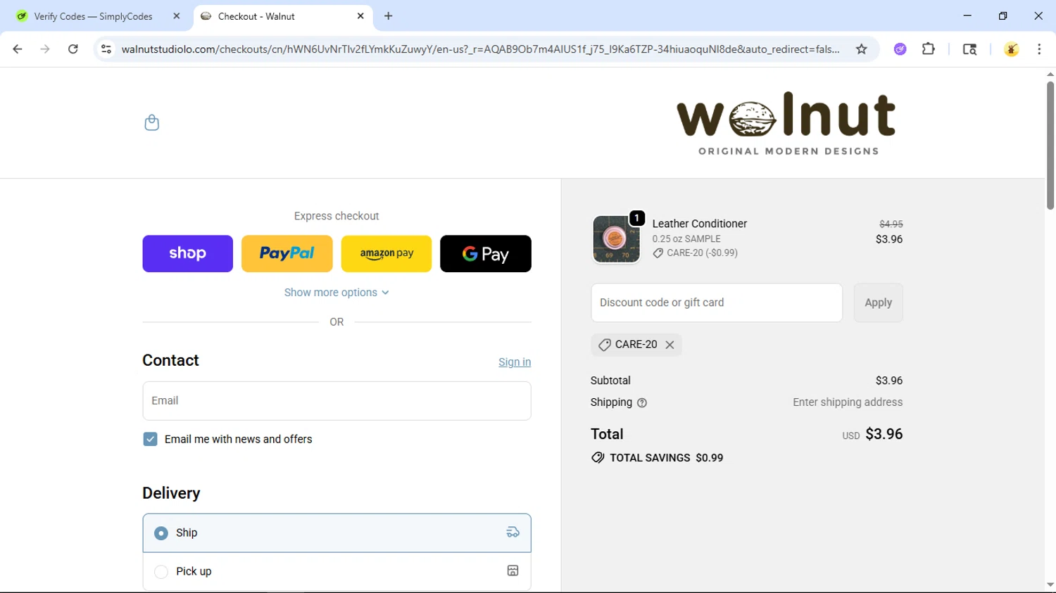 Walnut Studiolo promo code screenshot showing code CARE-20 applied at Walnut Studiolo checkout page. Uploaded by SimplyCodes community member GloriousSage2502 on Dec 16, 2025