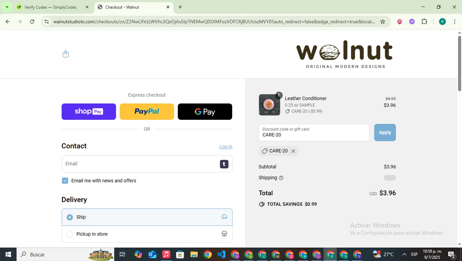 Walnut Studiolo promo code screenshot showing code CARE-20 applied at Walnut Studiolo checkout page. Uploaded by SimplyCodes community member SavingsLegend387 on Jul 10, 2025