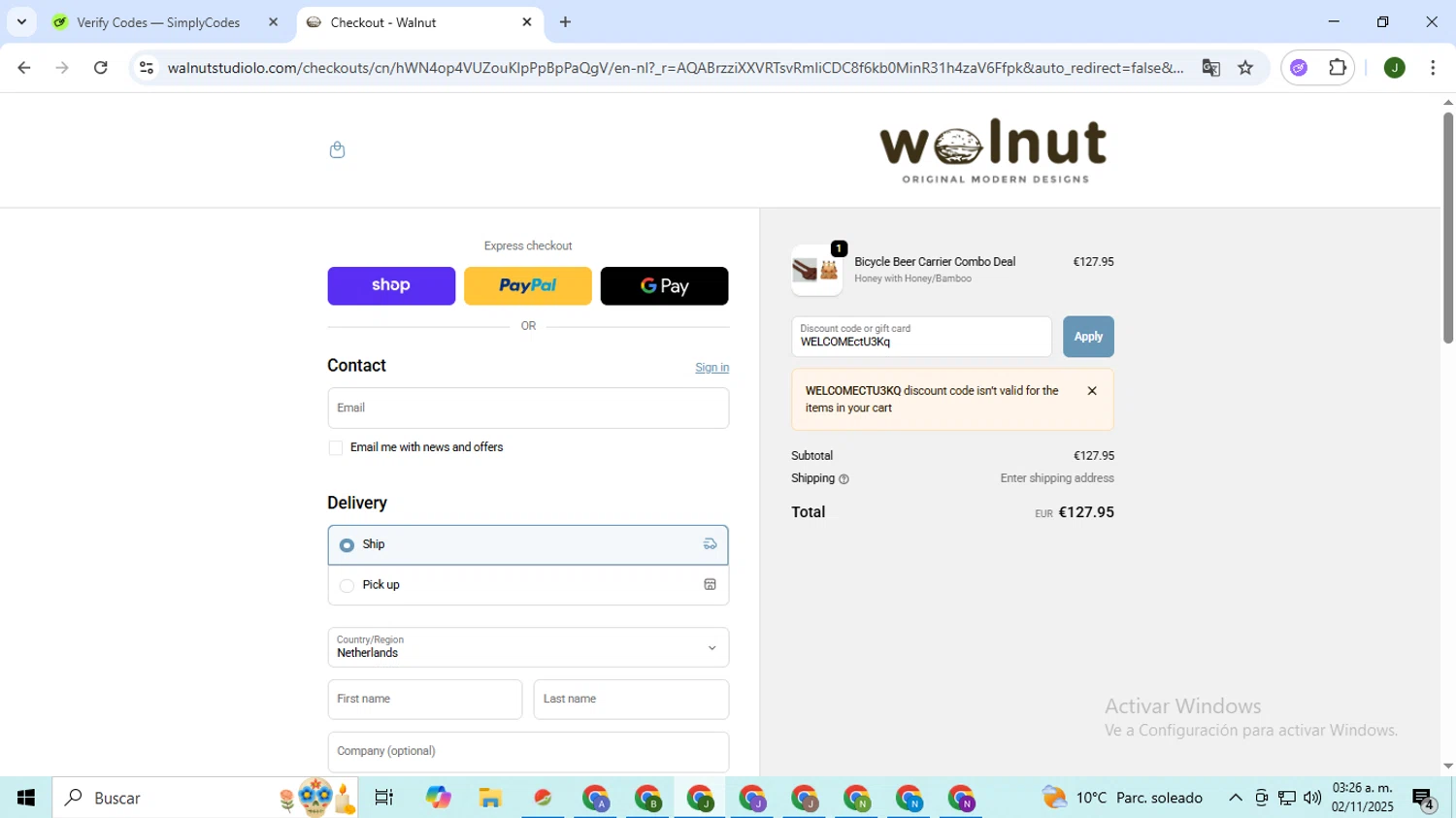 Walnut Studiolo promo code screenshot showing code WELCOMEctU3Kq applied at Walnut Studiolo checkout page. Uploaded by SimplyCodes community member CleverSeeker3529 on Nov 2, 2025