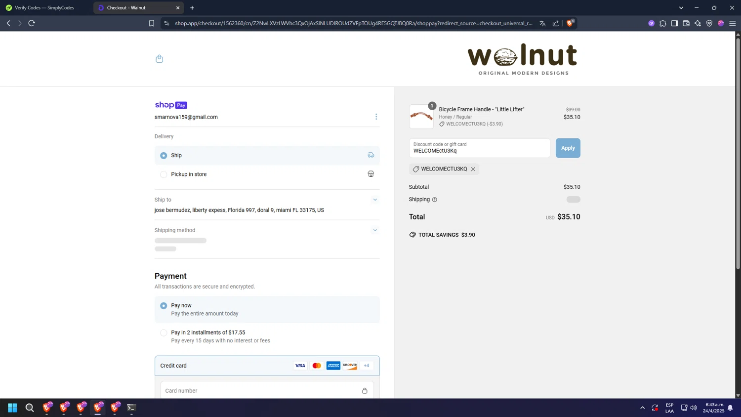 Walnut Studiolo promo code screenshot showing code WELCOMEctU3Kq applied at Walnut Studiolo checkout page. Uploaded by SimplyCodes community member diossanto0421 on Apr 24, 2025