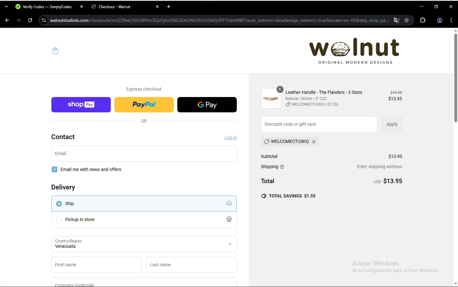 Walnut Studiolo promo code screenshot showing code WELCOMEctU3Kq applied at Walnut Studiolo checkout page. Uploaded by SimplyCodes community member jeromartin on Apr 24, 2025