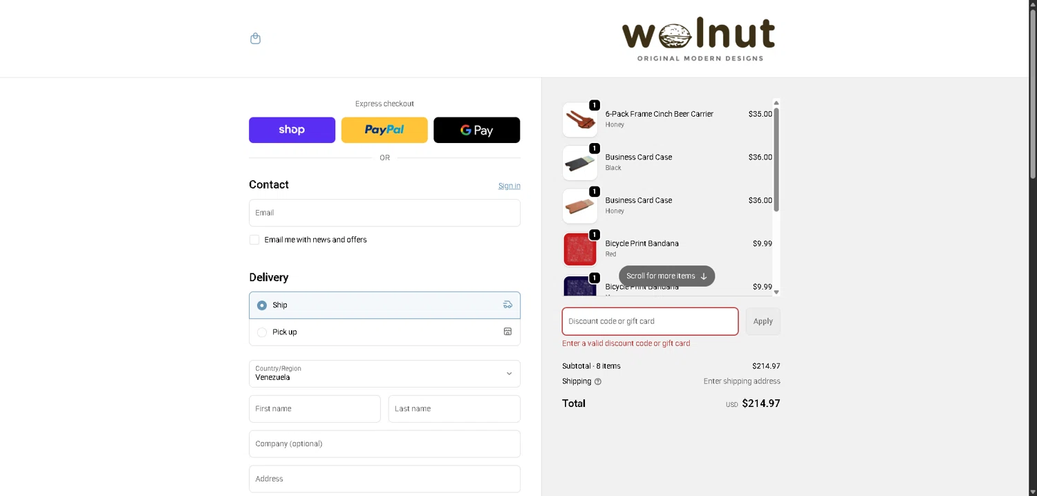 Walnut Studiolo promo code screenshot showing code BFCM-2025 applied at Walnut Studiolo checkout page. Uploaded by SimplyCodes community member aver_136263192 on Dec 5, 2025