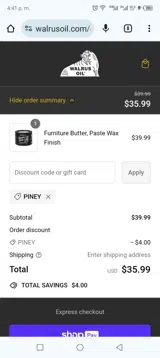 Piney coupon verification screenshot