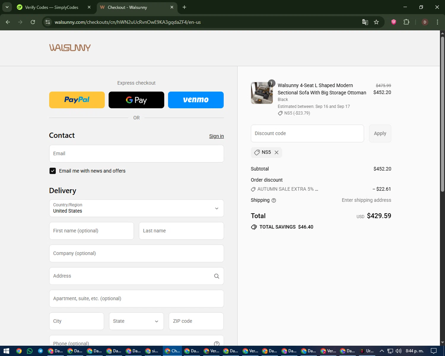 Walsunny discount code screenshot showing code NS5 applied at Walsunny checkout page. Uploaded by SimplyCodes community member liltecca on Sep 13, 2025