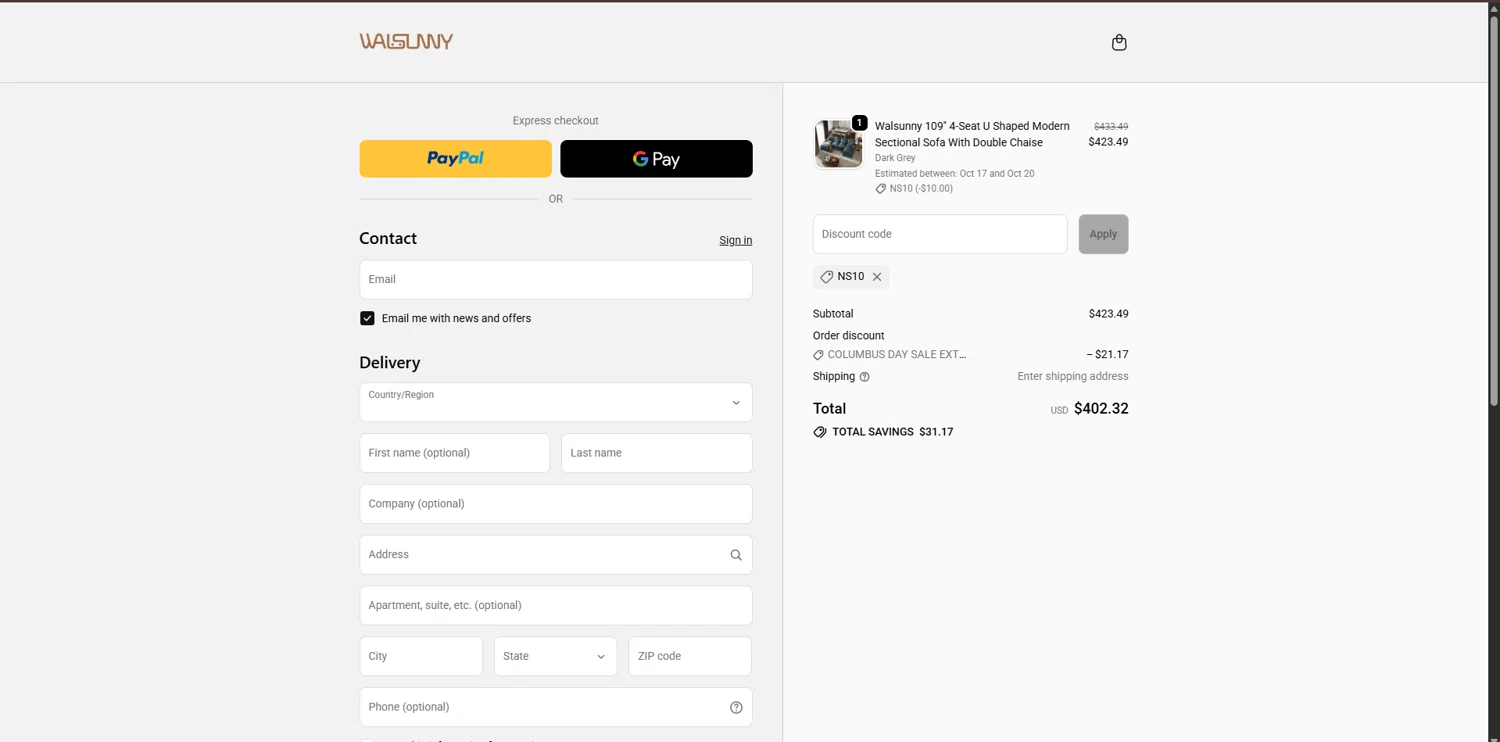 Walsunny discount code screenshot showing code NS10 applied at Walsunny checkout page. Uploaded by SimplyCodes community member CouponPro7532 on Oct 15, 2025