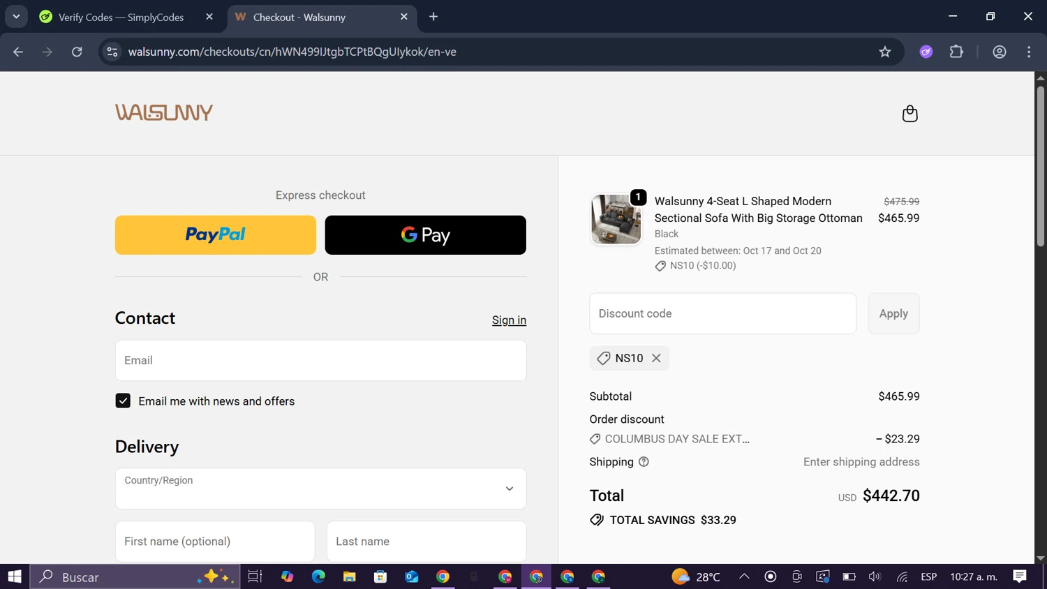 Walsunny discount code screenshot showing code NS10 applied at Walsunny checkout page. Uploaded by SimplyCodes community member SmartLegend506 on Oct 15, 2025