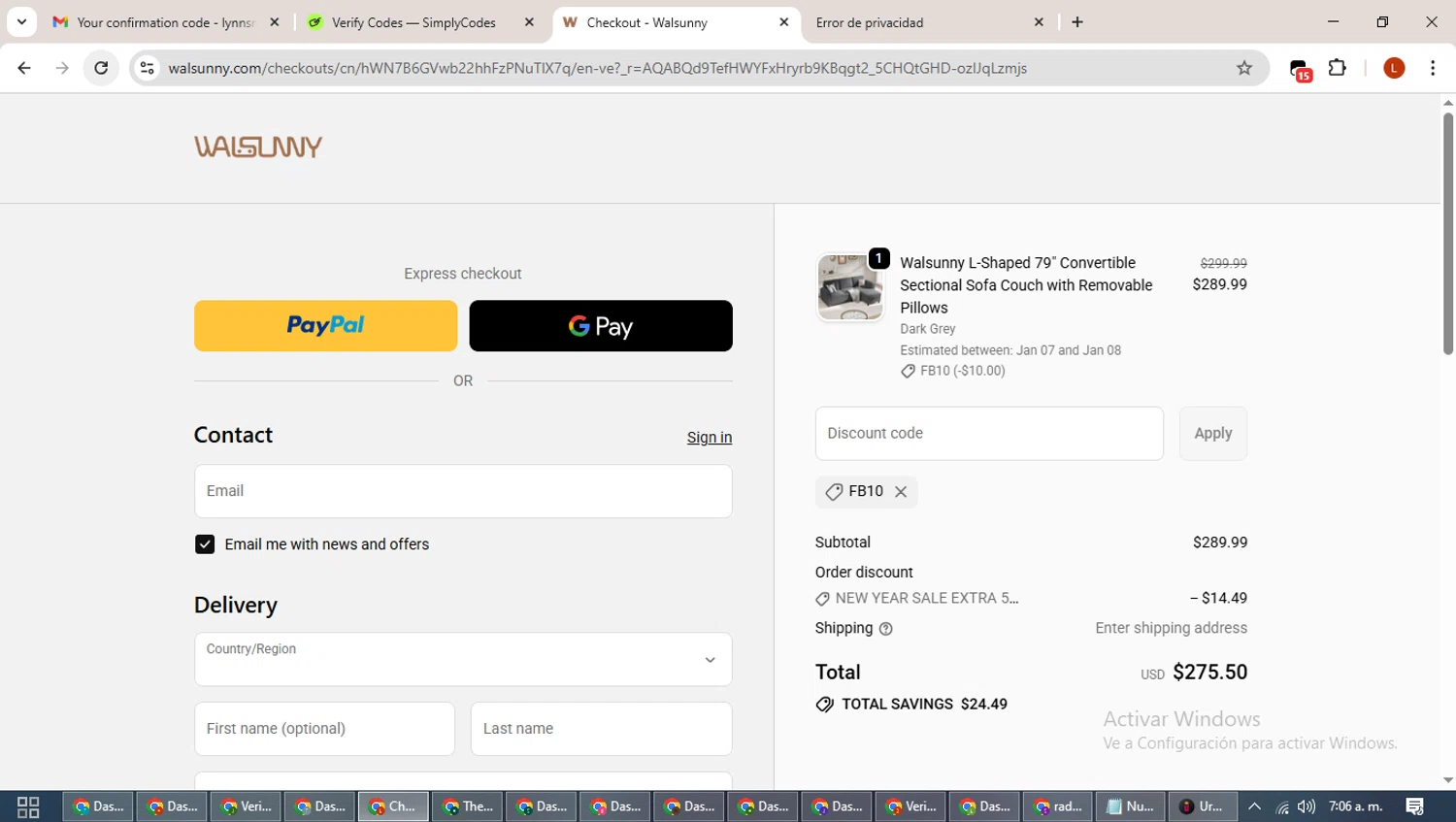 Walsunny checkout page showing Walsunny discount code box | Screenshot taken by SimplyCodes community member on Jan 3, 2026