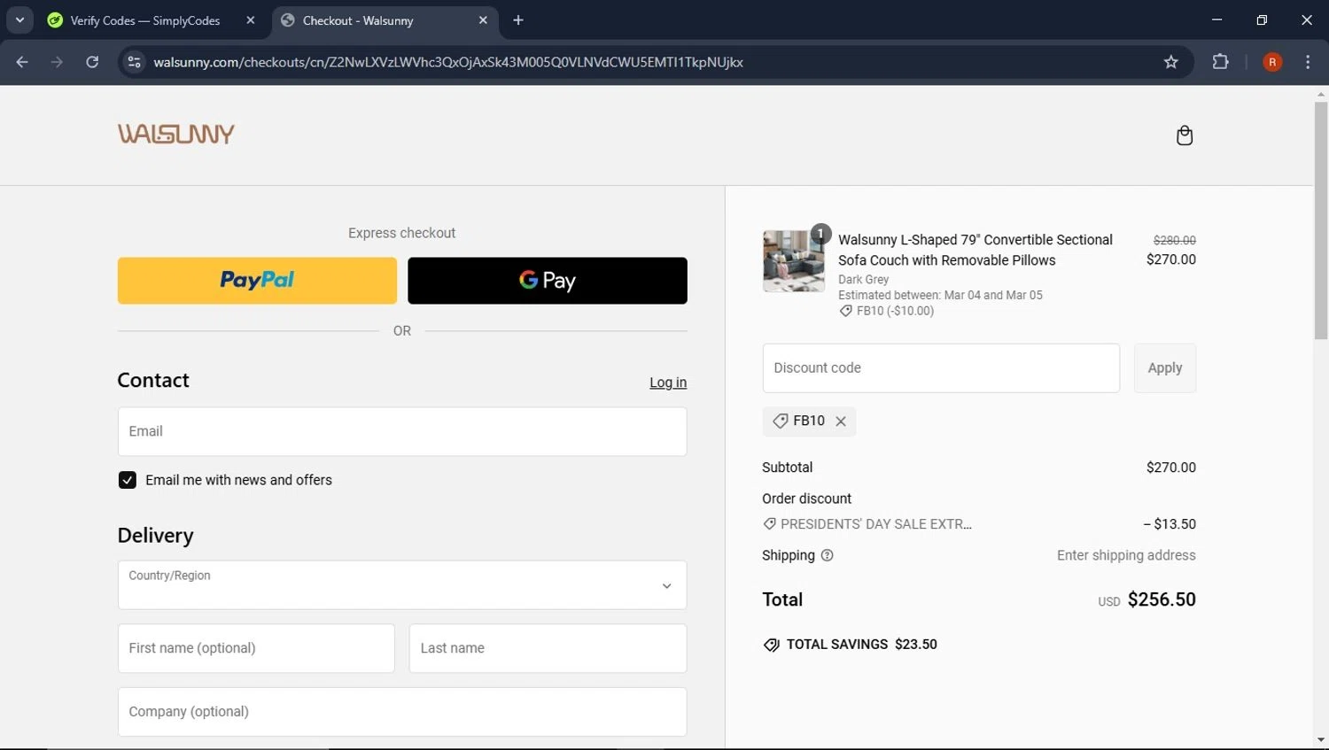 Walsunny discount code screenshot showing code FB10 applied at Walsunny checkout page. Uploaded by SimplyCodes community member CoinPro7401 on Feb 28, 2025