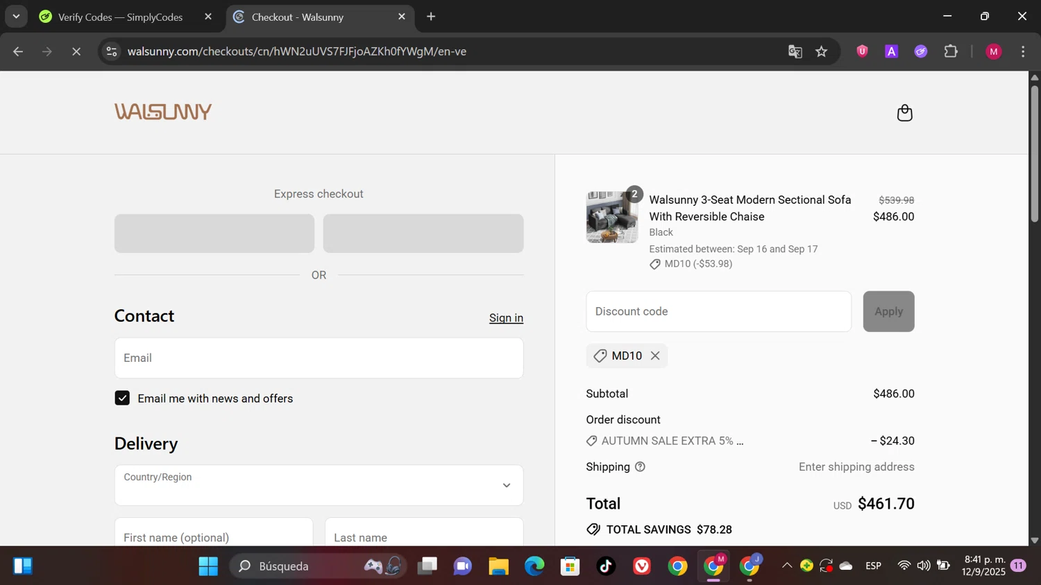 Walsunny discount code screenshot showing code MD10 applied at Walsunny checkout page. Uploaded by SimplyCodes community member SwiftPioneer1769 on Sep 13, 2025