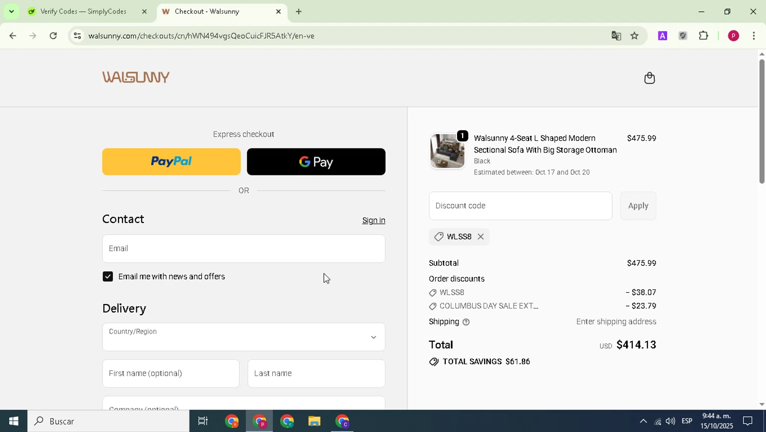 Walsunny discount code screenshot showing code WLSS8 applied at Walsunny checkout page. Uploaded by SimplyCodes community member Paul_Skenes on Oct 15, 2025