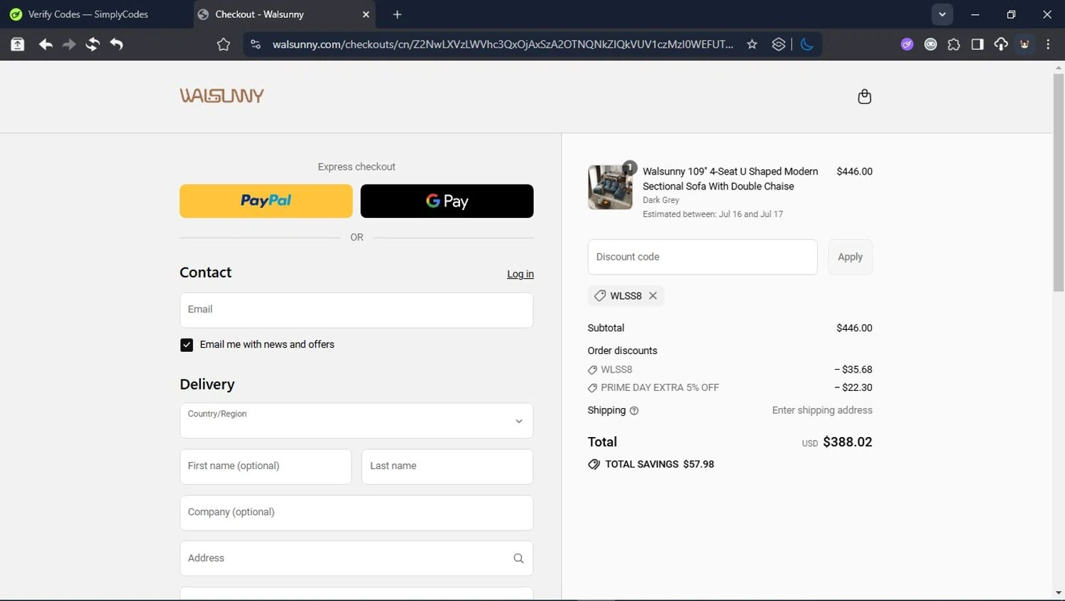 Walsunny discount code screenshot showing code WLSS8 applied at Walsunny checkout page. Uploaded by SimplyCodes community member PromoSpotter1784 on Jul 15, 2025