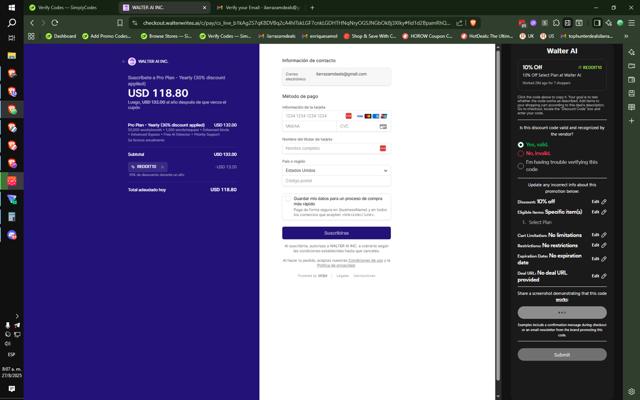 Walter AI checkout page showing Walter AI promo code box | Screenshot taken by SimplyCodes community member on Aug 27, 2025