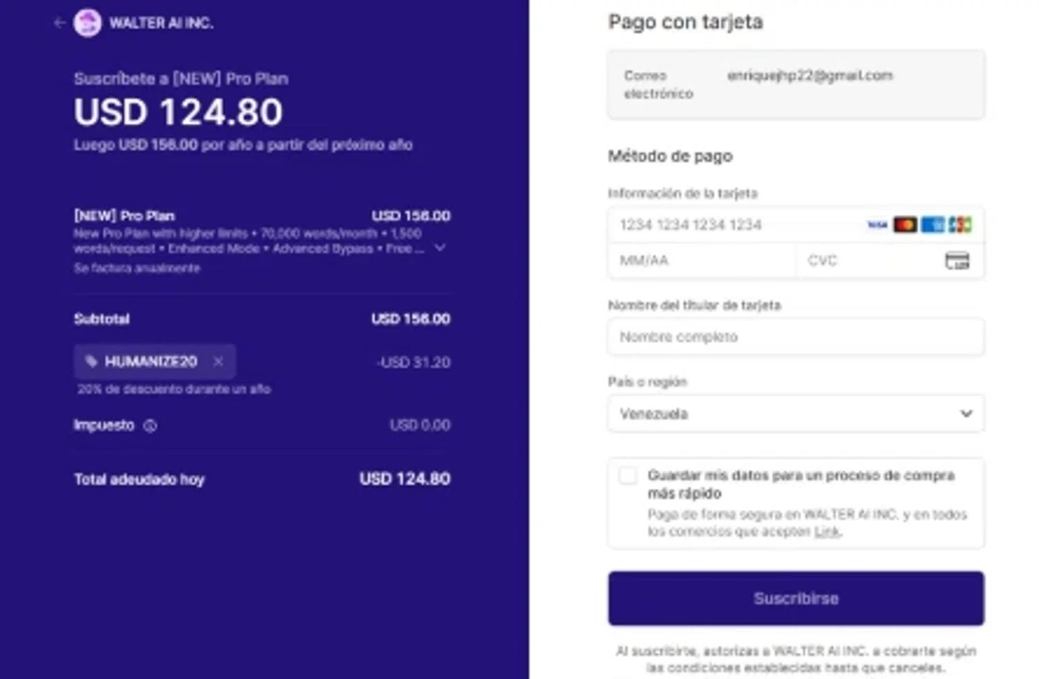 Walter AI promo code screenshot showing code HUMANIZE20 applied at Walter AI checkout page. Uploaded by SimplyCodes community member BudgetPro6018 on Dec 22, 2025
