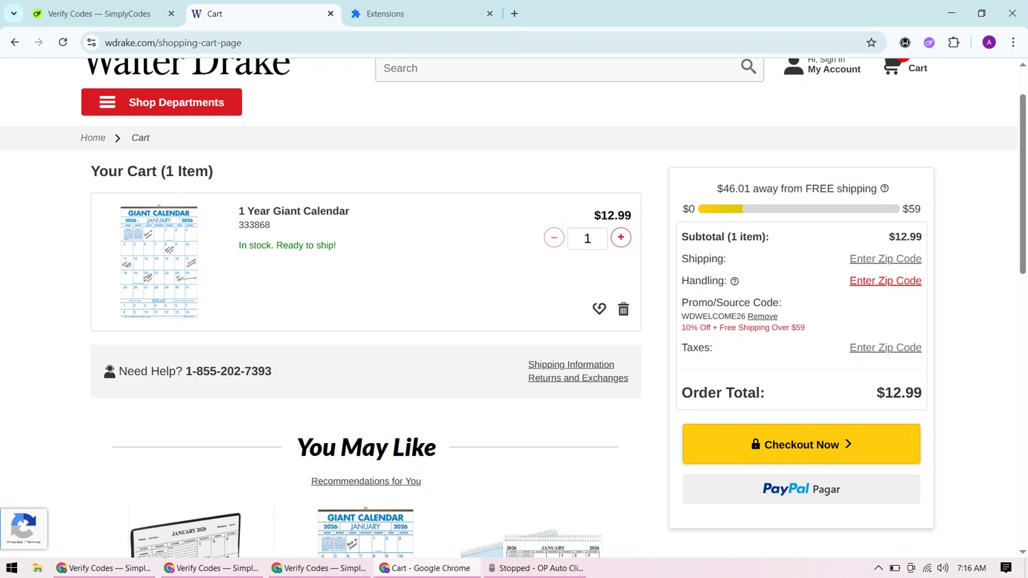 Walter Drake coupon code screenshot showing code WDWELCOME26 applied at Walter Drake checkout page. Uploaded by SimplyCodes community member CashChaser7272 on Sep 16, 2025