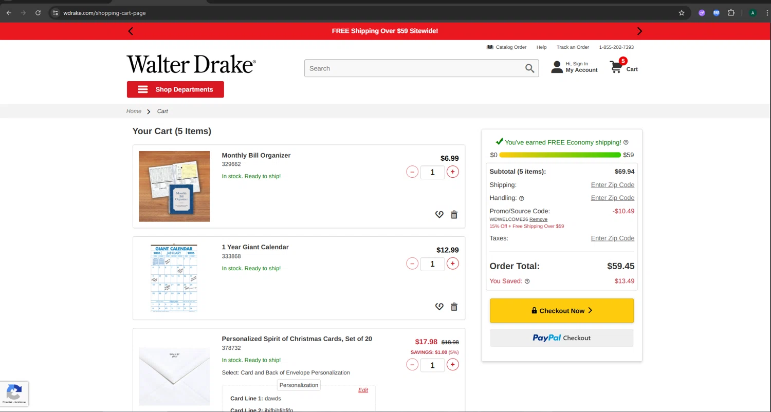 Walter Drake coupon code screenshot showing code WDWELCOME26 applied at Walter Drake checkout page. Uploaded by SimplyCodes community member CoinGuardian4017 on Nov 9, 2025