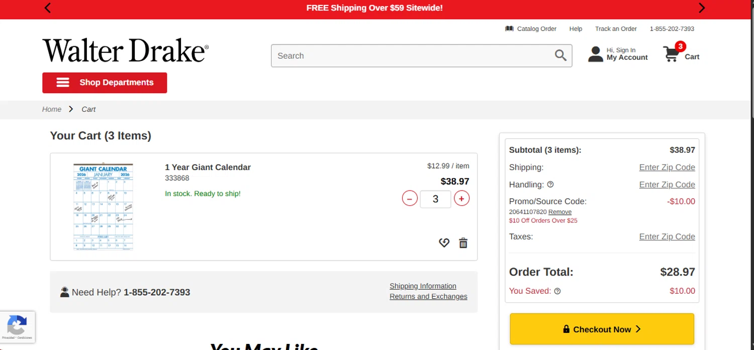 Walter Drake coupon code screenshot showing code 20641107820 applied at Walter Drake checkout page. Uploaded by SimplyCodes community member CleverWhiz2265 on Dec 9, 2025