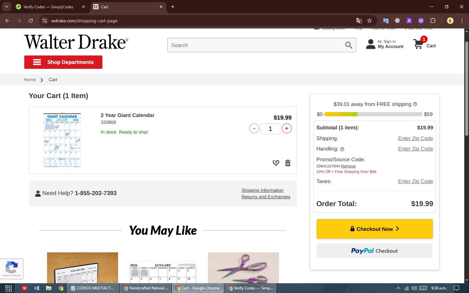 Walter Drake checkout page showing Walter Drake coupon code box | Screenshot taken by SimplyCodes community member on Dec 13, 2025