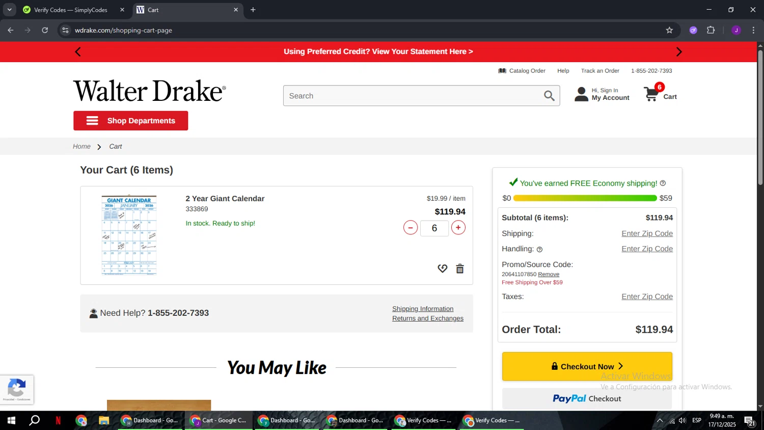 Walter Drake checkout page showing Walter Drake coupon code box | Screenshot taken by SimplyCodes community member on Dec 17, 2025
