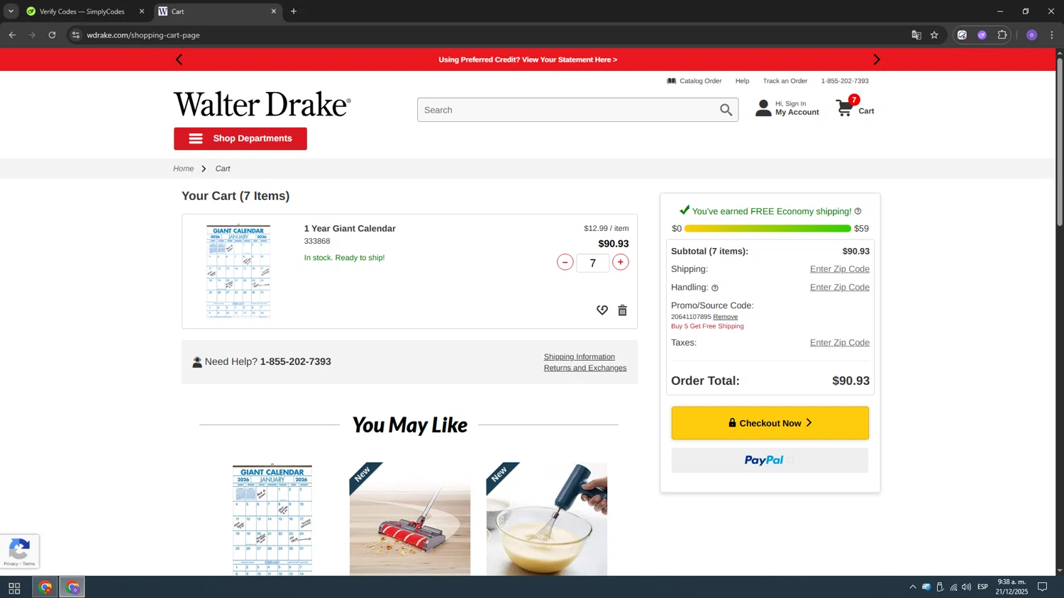 Walter Drake checkout page showing Walter Drake coupon code box | Screenshot taken by SimplyCodes community member on Dec 21, 2025