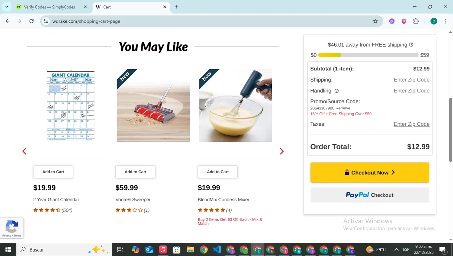 Walter Drake checkout page showing Walter Drake coupon code box | Screenshot taken by SimplyCodes community member on Dec 22, 2025