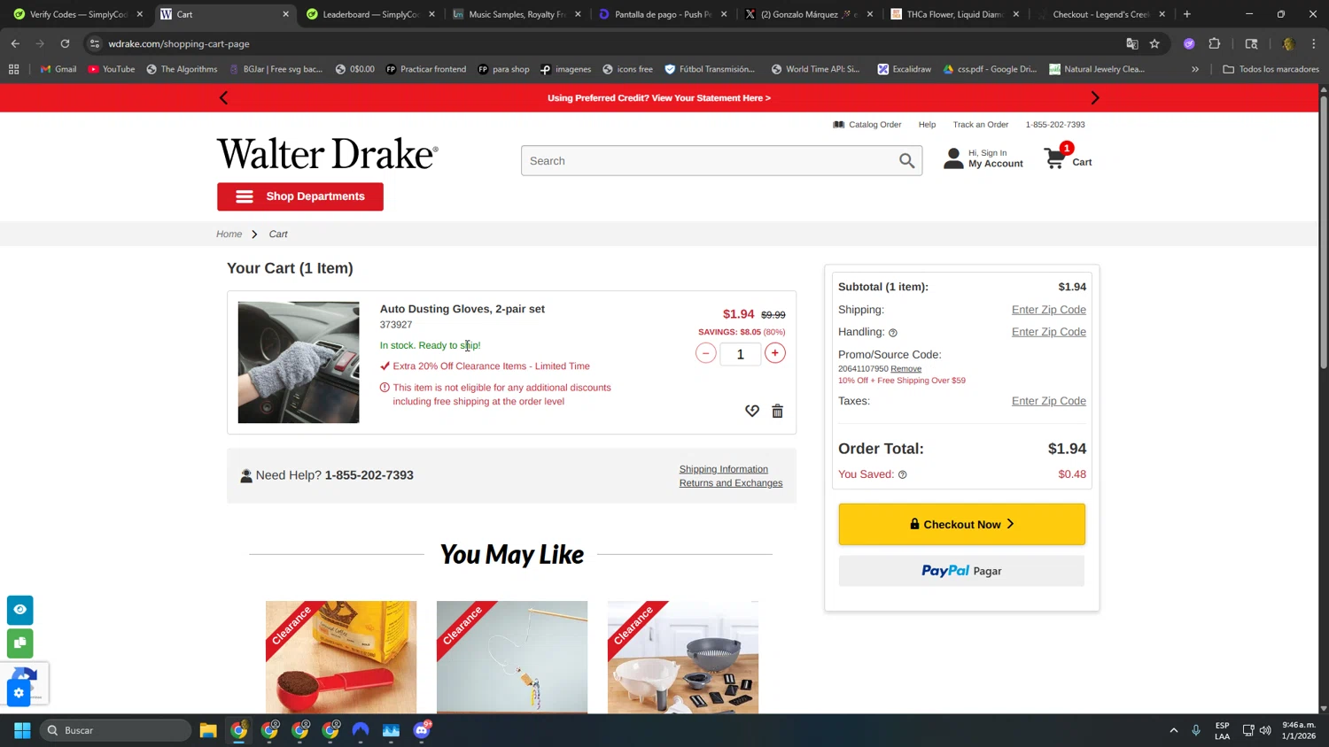 Walter Drake checkout page showing Walter Drake coupon code box | Screenshot taken by SimplyCodes community member on Jan 1, 2026