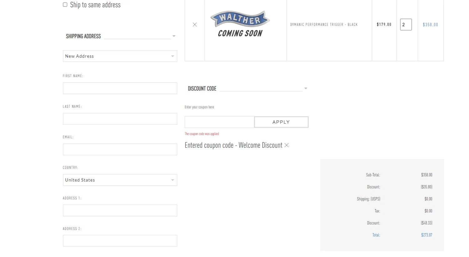 Walther Arms checkout page showing Walther Arms discount code box | Screenshot taken by SimplyCodes community member on Aug 11, 2024