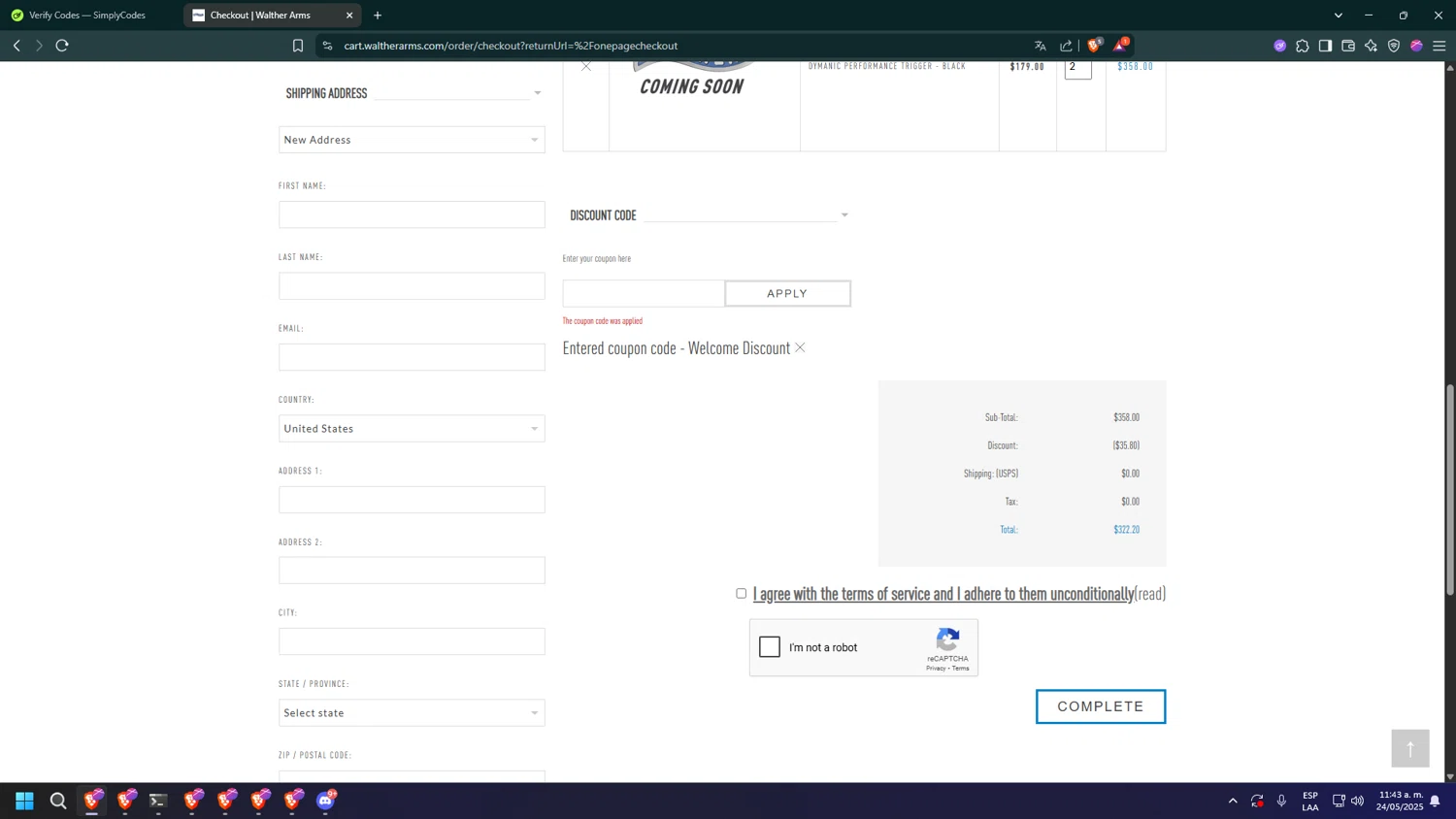 Walther Arms checkout page showing Walther Arms discount code box | Screenshot taken by SimplyCodes community member on May 24, 2025
