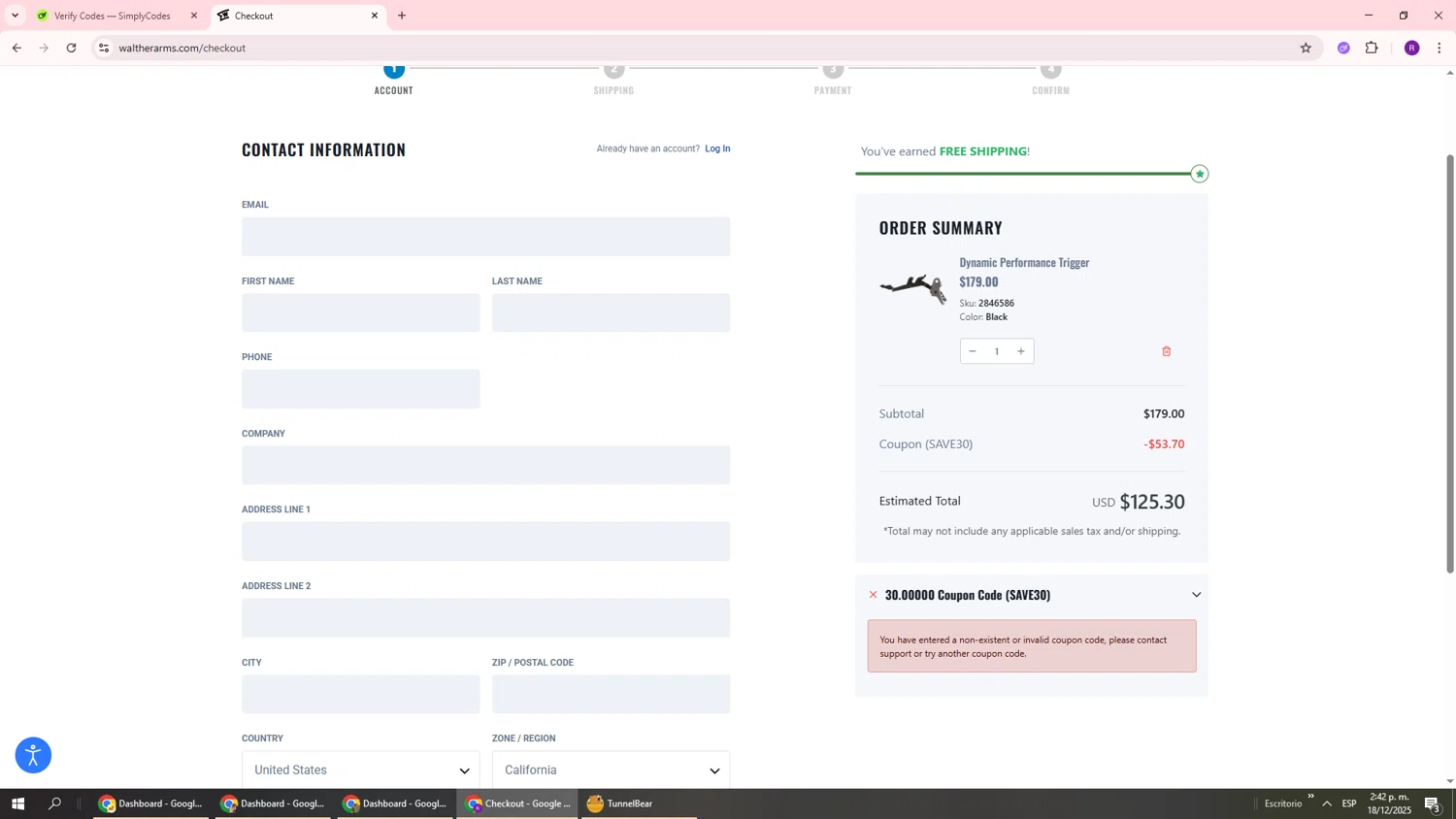 Walther Arms discount code screenshot showing code SAVE30 applied at Walther Arms checkout page. Uploaded by SimplyCodes community member ukemochi on Dec 18, 2025