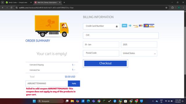 Walt Life Addiction Subscription checkout page showing Walt Life Addiction Subscription promo code box | Screenshot taken by SimplyCodes community member on Jul 9, 2025