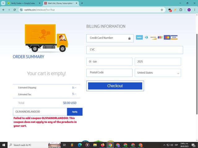 Walt Life Addiction Subscription checkout page showing Walt Life Addiction Subscription promo code box | Screenshot taken by SimplyCodes community member on Aug 30, 2025