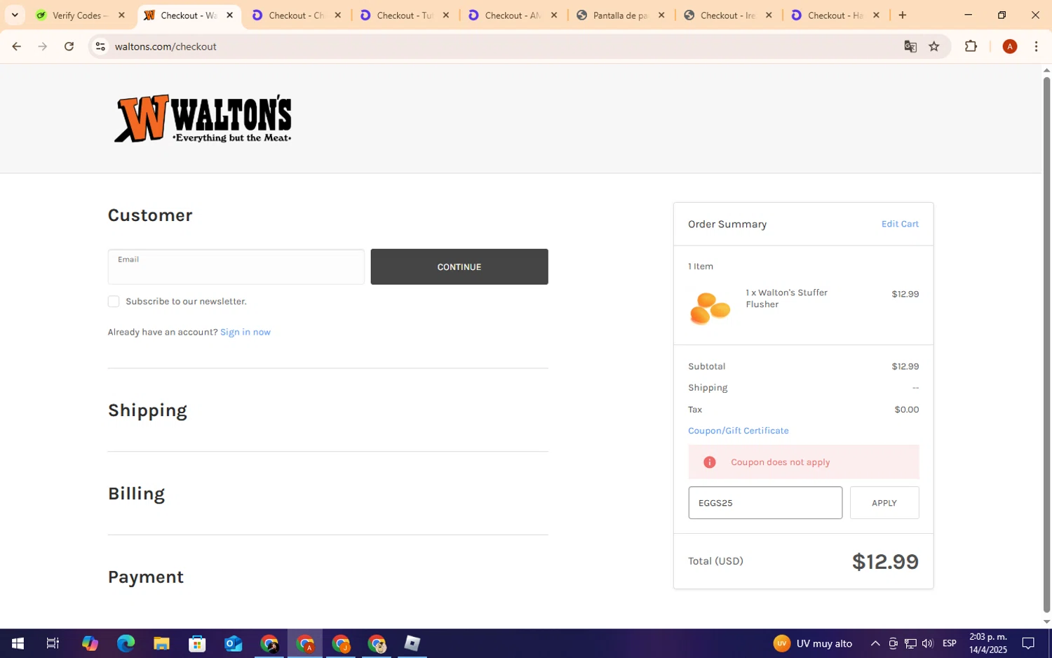 Walton's checkout page showing Walton's coupon code box | Screenshot taken by SimplyCodes community member on Apr 14, 2025