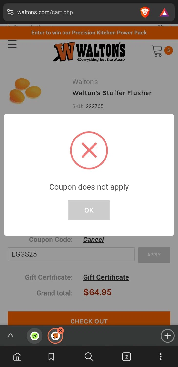 Walton's checkout page showing Walton's coupon code box | Screenshot taken by SimplyCodes community member on Apr 14, 2025