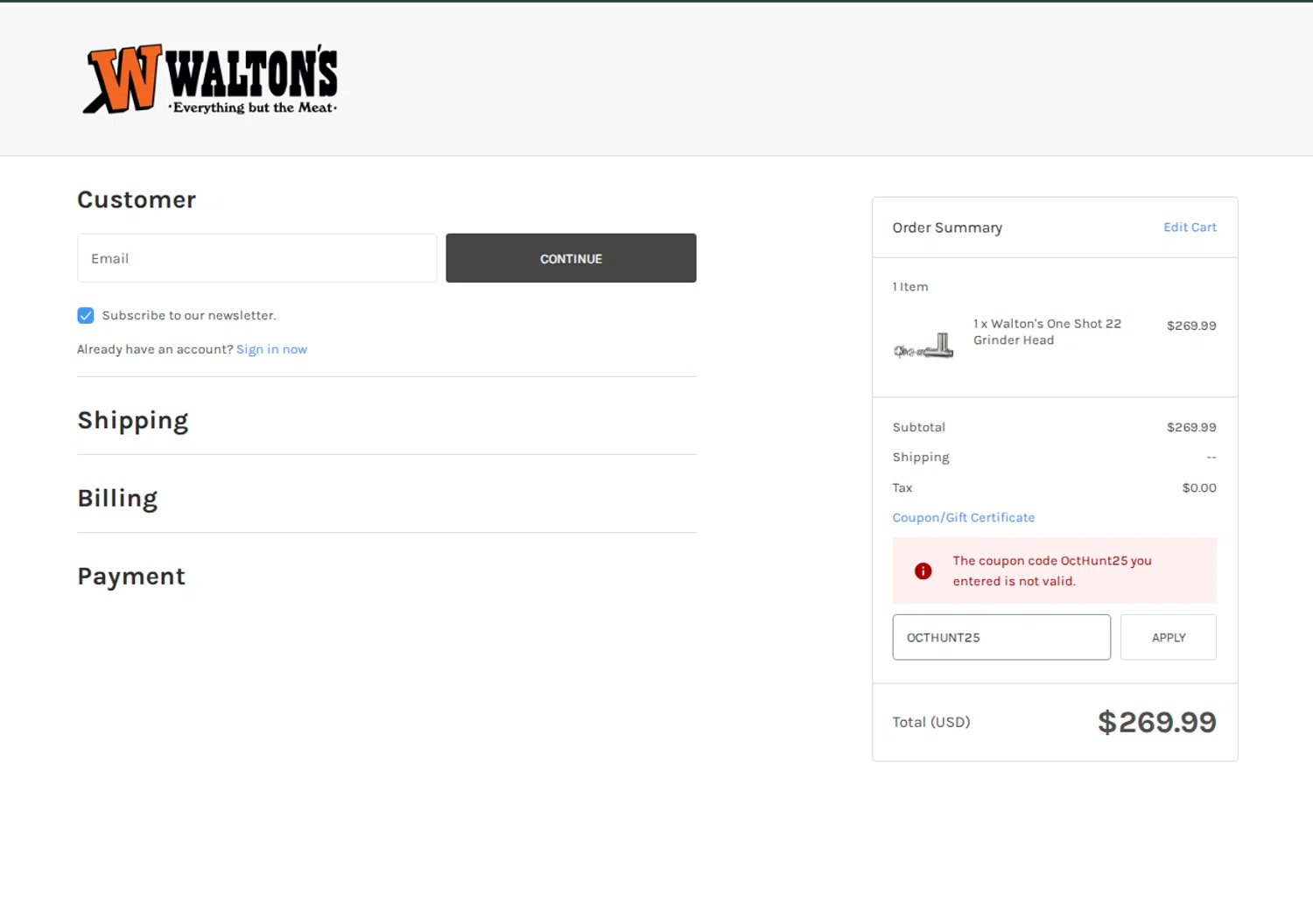 Walton's coupon code screenshot showing code OCTHUNT25 applied at Walton's checkout page. Uploaded by SimplyCodes community member CleverOwl912 on Nov 7, 2025