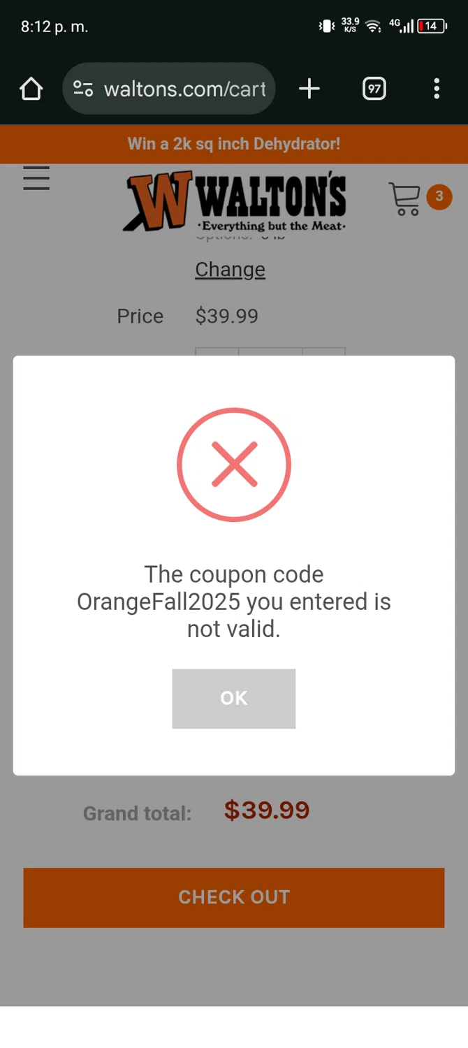 Walton's coupon code screenshot showing code ORANGEFALL2025 applied at Walton's checkout page. Uploaded by SimplyCodes community member Bernado on Nov 14, 2025