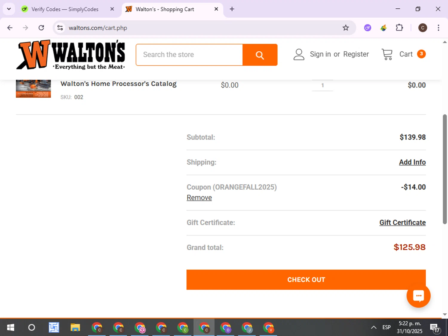 Walton's checkout page showing Walton's coupon code box | Screenshot taken by SimplyCodes community member on Oct 31, 2025