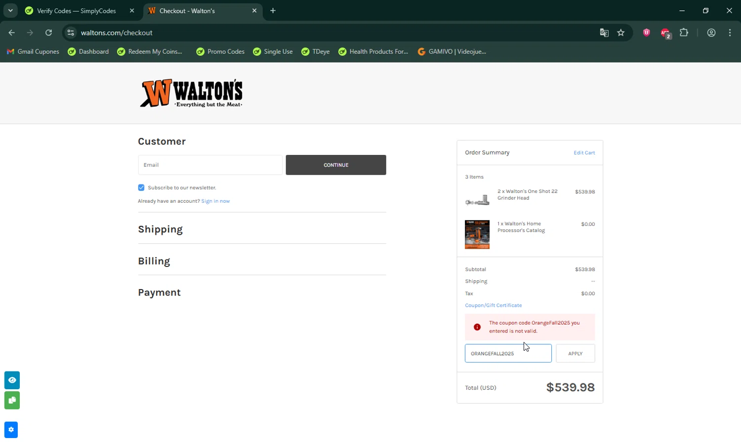Walton's coupon code screenshot showing code ORANGEFALL2025 applied at Walton's checkout page. Uploaded by SimplyCodes community member LHaunter on Nov 13, 2025
