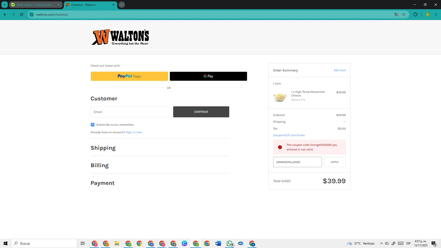 Walton's coupon code screenshot showing code ORANGEFALL2025 applied at Walton's checkout page. Uploaded by SimplyCodes community member TokenOwl8222 on Nov 13, 2025