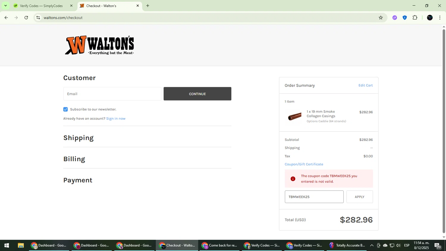 Walton's coupon code screenshot showing code TBMWEEK25 applied at Walton's checkout page. Uploaded by SimplyCodes community member CarmenVGR on Dec 8, 2025