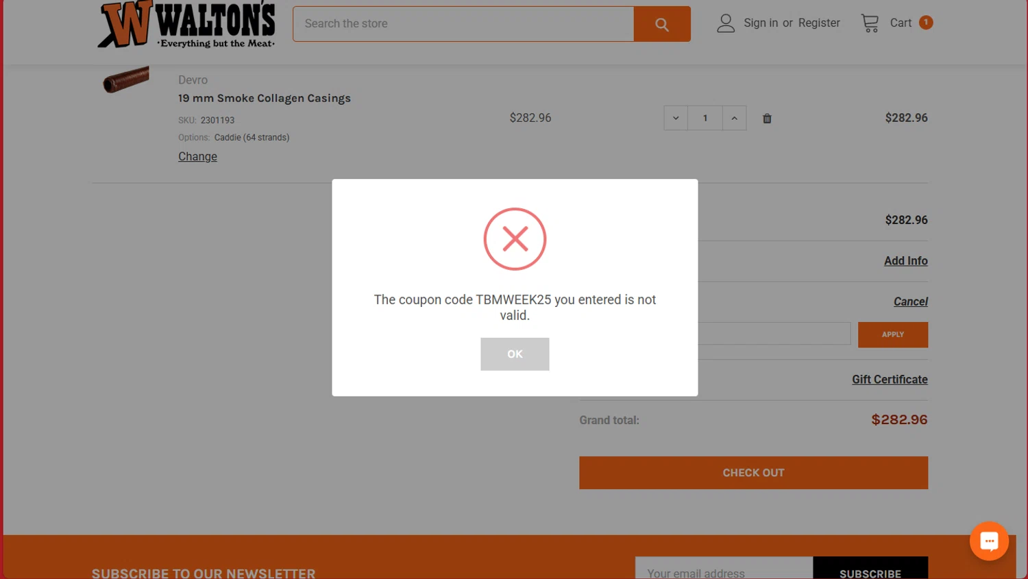 Walton's coupon code screenshot showing code TBMWEEK25 applied at Walton's checkout page. Uploaded by SimplyCodes community member tokiio on Dec 8, 2025