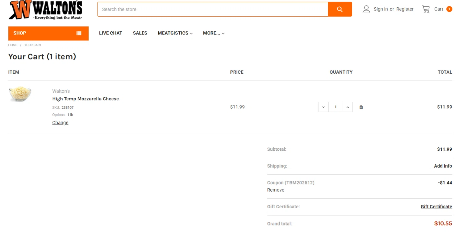 Walton's coupon code screenshot showing code TBM202512 applied at Walton's checkout page. Uploaded by SimplyCodes community member jesspea on Dec 1, 2025