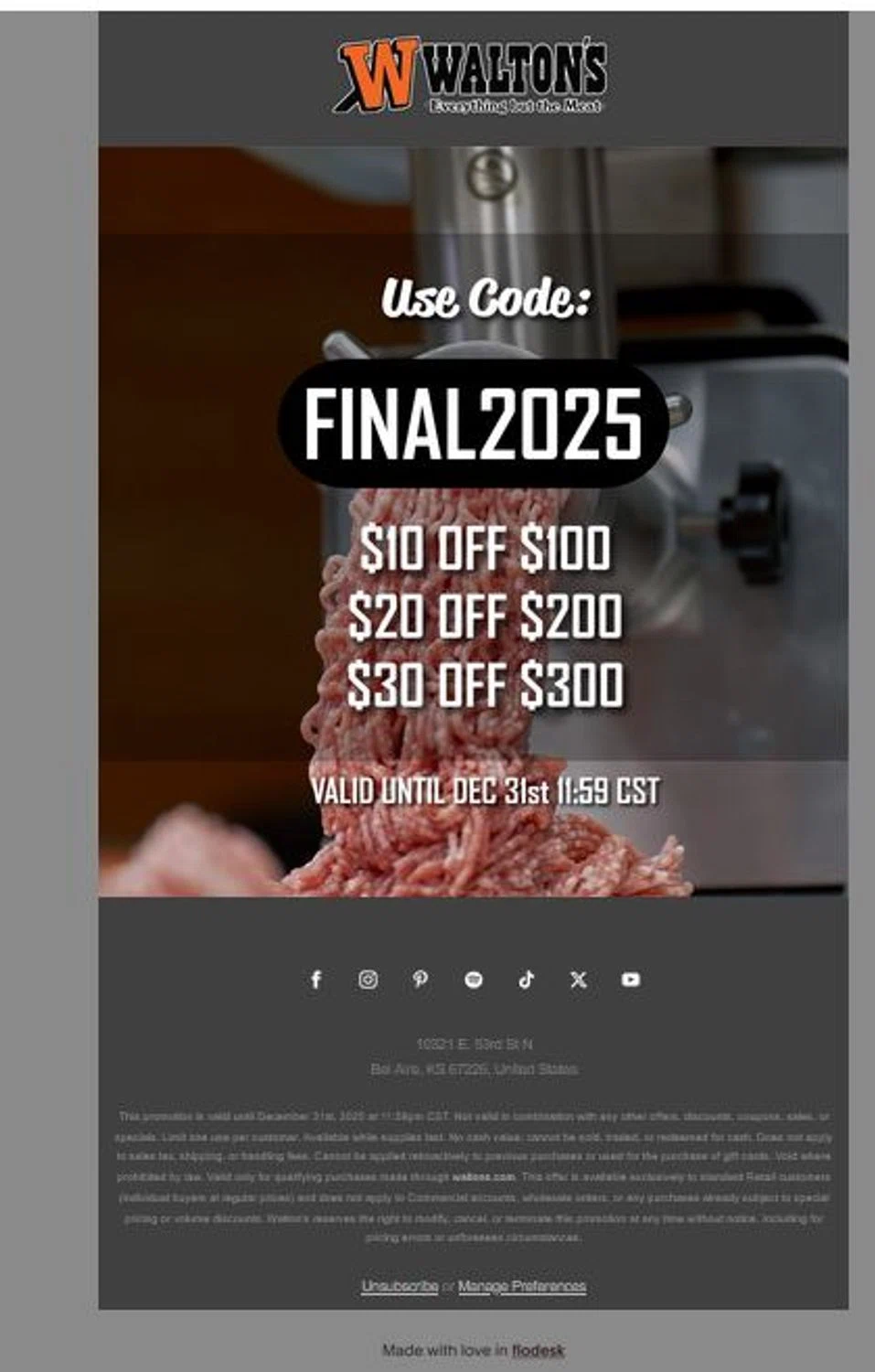 Walton's coupon code screenshot showing code final2025 applied at Walton's checkout page. Uploaded by SimplyCodes community member stygian1 on Dec 26, 2025