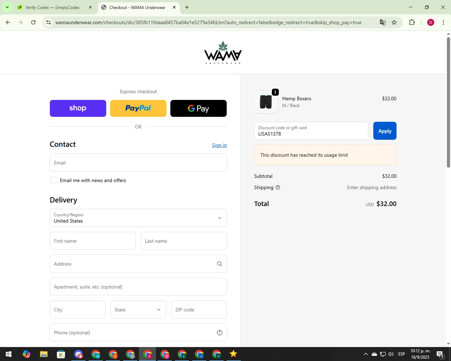 WAMA Underwear discount code screenshot showing code LISA51378 applied at WAMA Underwear checkout page. Uploaded by SimplyCodes community member 000012 on Sep 19, 2025