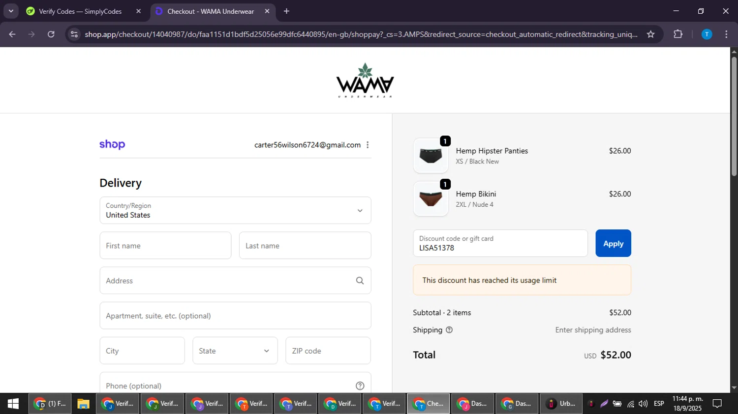 WAMA Underwear discount code screenshot showing code LISA51378 applied at WAMA Underwear checkout page. Uploaded by SimplyCodes community member LuckyPioneer4530 on Sep 19, 2025