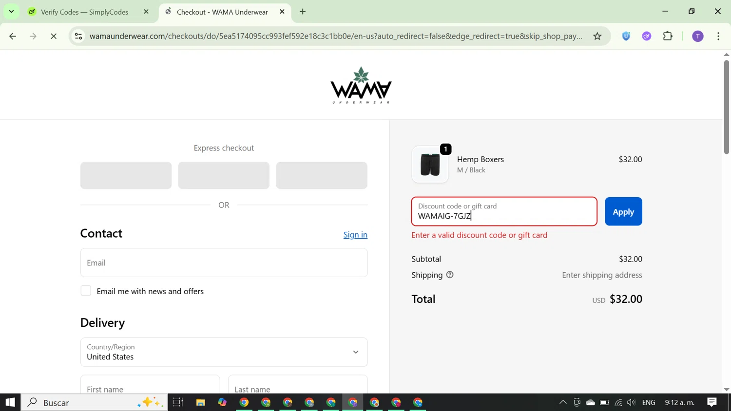 WAMA Underwear discount code screenshot showing code WAMAIG-7GJZ applied at WAMA Underwear checkout page. Uploaded by SimplyCodes community member FortunateCurator5882 on Oct 1, 2025